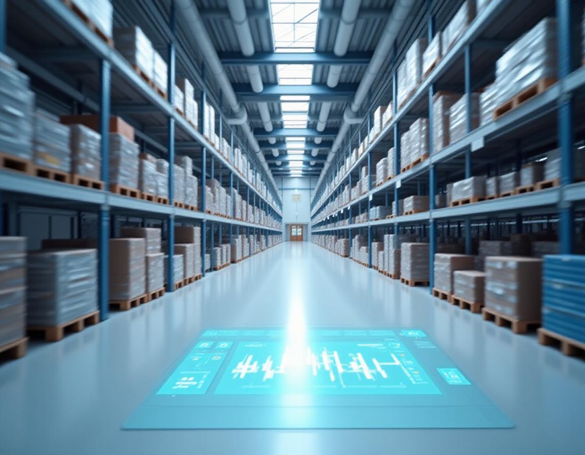 Modern brightly lit warehouse with organized freight and playful branding elements