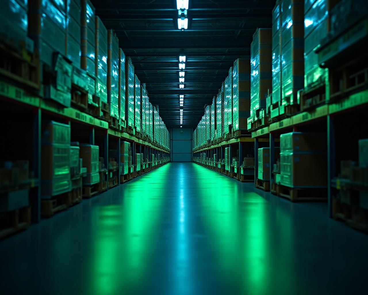 Modern ultra-clean warehouse interior with neon logistics branding