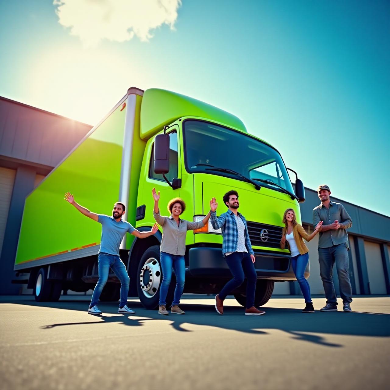 Energetic logistics scene with colorful trucks and happy crew in Norfolk Virginia
