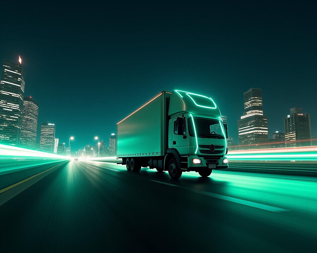 A vibrant logistics hub with glowing neon trails of delivery trucks